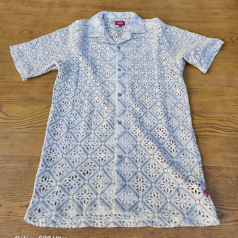 Stacy Adams Men's Gray Geometric Floral Lattice Crochet Woven Shirt Size XL - Picture 9 of 10